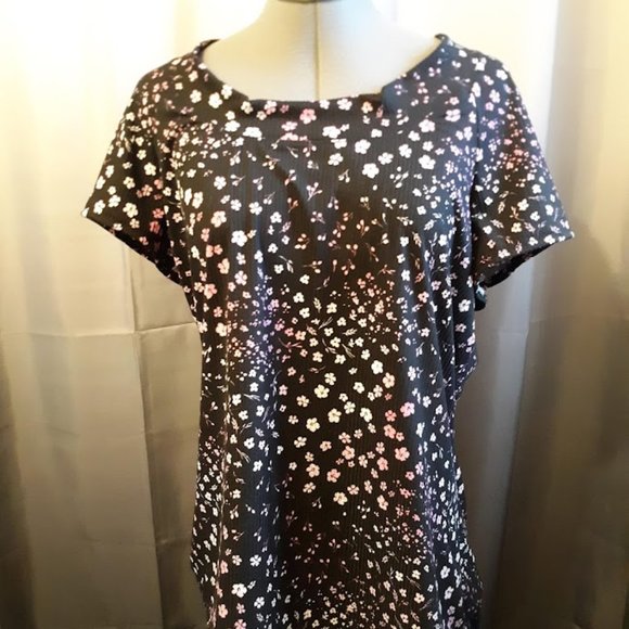 Ribbed pleated Floral Raglan sleeve T-shirt blouse L Pink Black blossom print - Picture 1 of 6